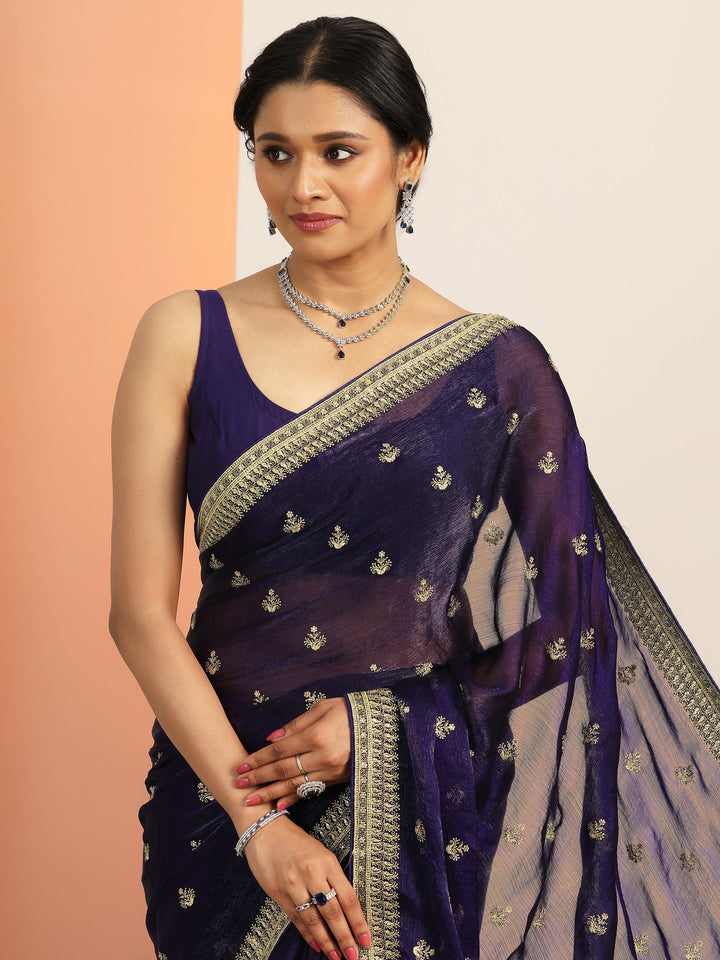 Purple Embroidered Chiffon Saree With Unstitched Blouse Piece