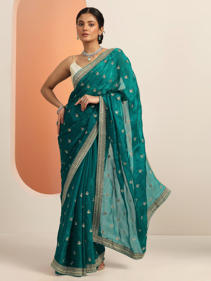 Green Embroidered Chiffon Saree With Unstitched Blouse Piece