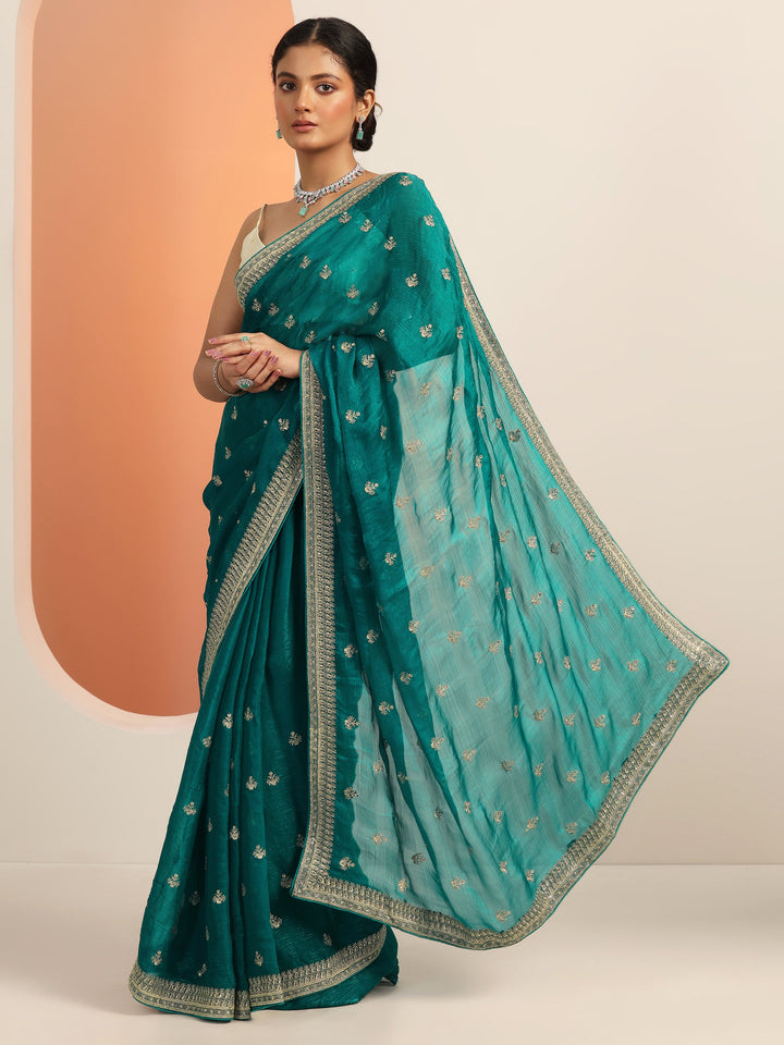 Green Embroidered Chiffon Saree With Unstitched Blouse Piece
