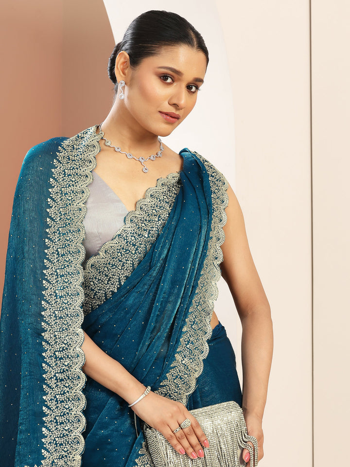 Blue Embellished Chiffon Saree With Unstitched Blouse Piece