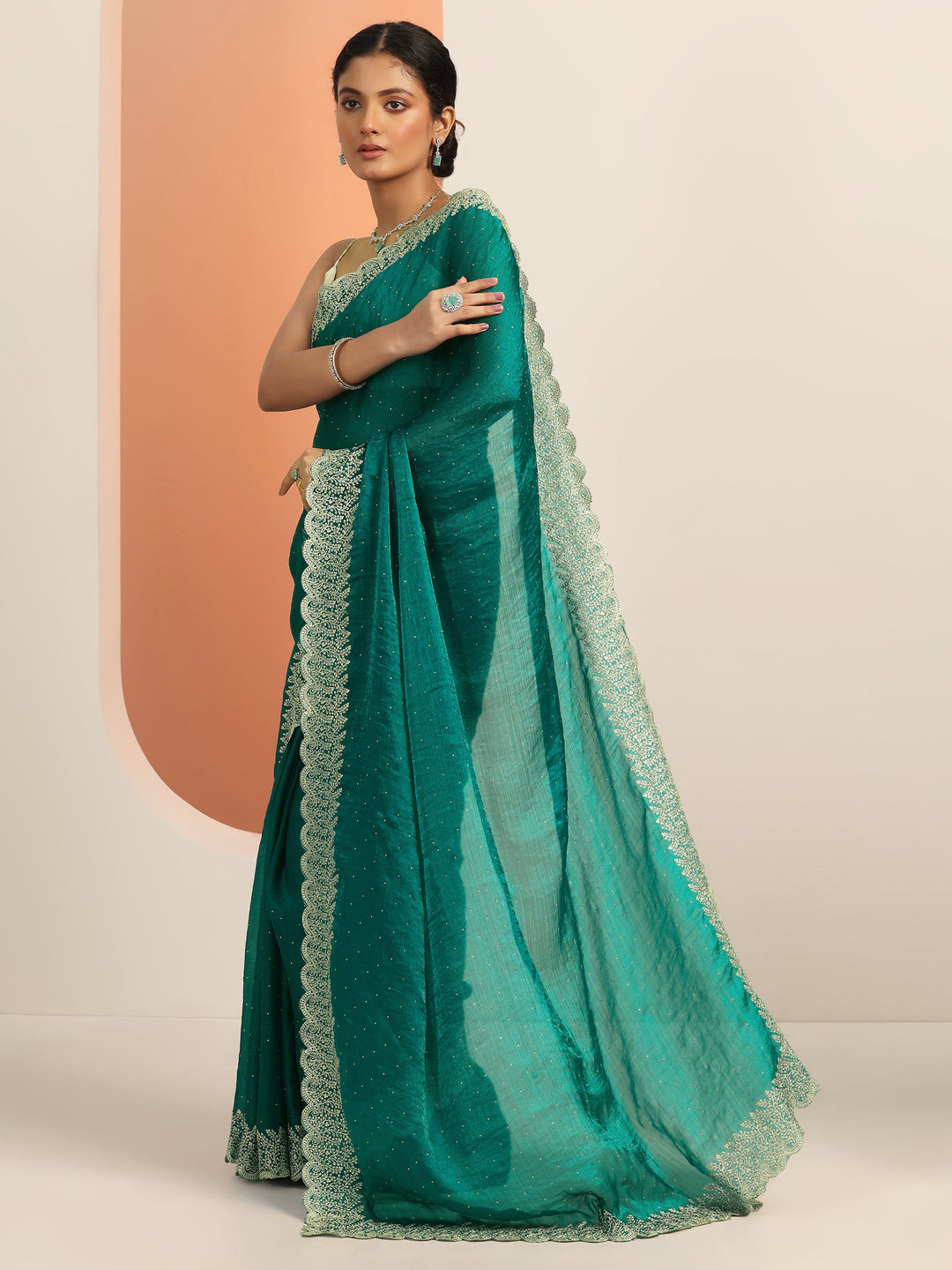 Teal Embellished Chiffon Saree With Unstitched Blouse Piece