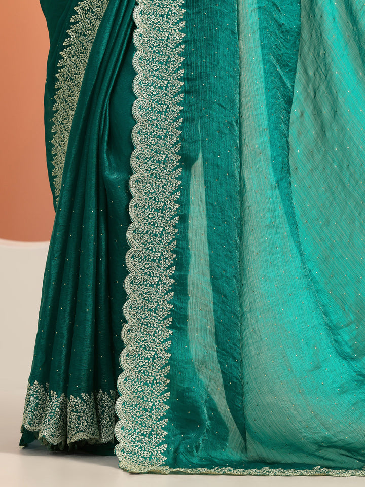 Teal Embellished Chiffon Saree With Unstitched Blouse Piece
