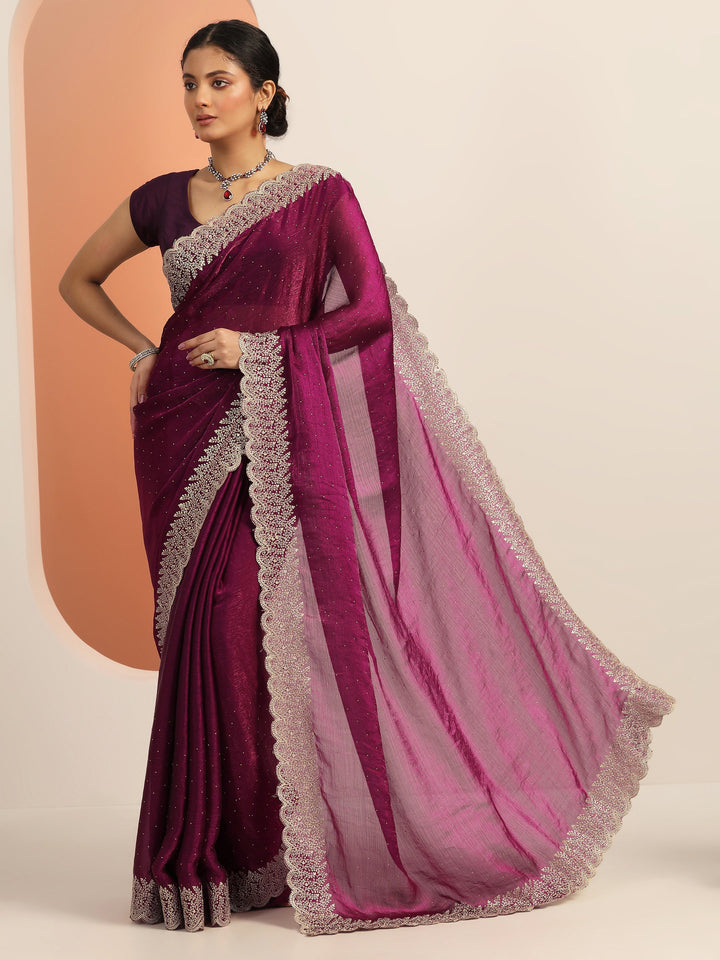 Magenta Embellished Chiffon Saree With Unstitched Blouse Piece
