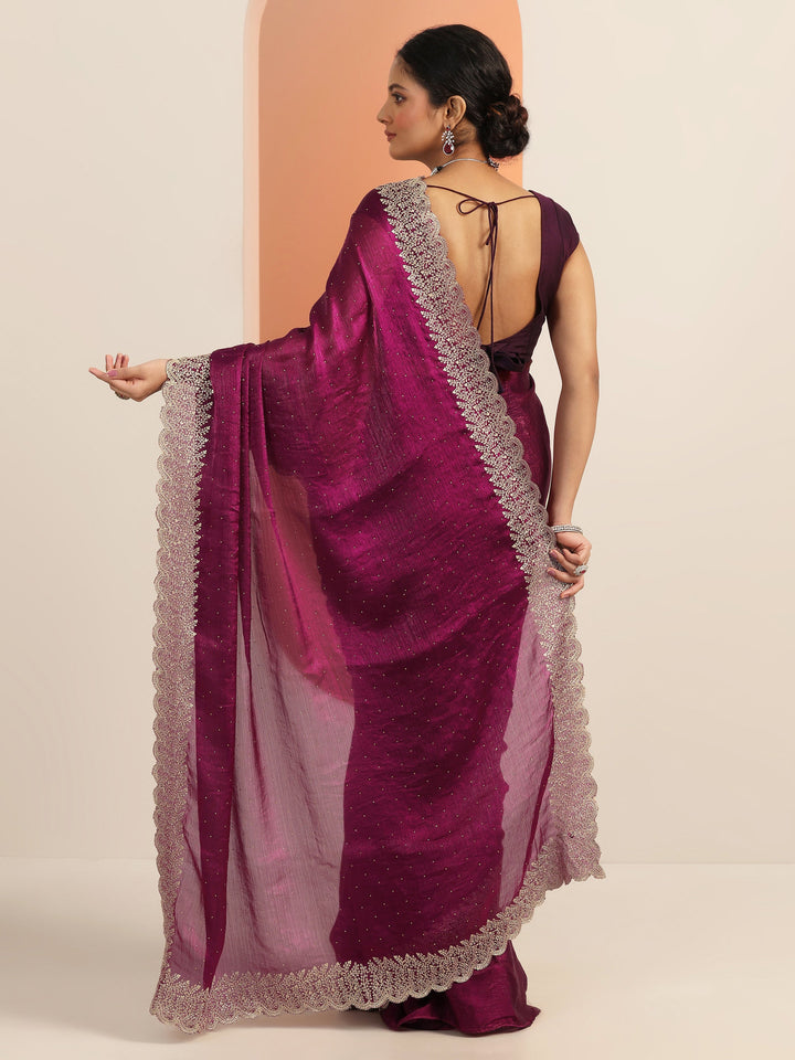 Magenta Embellished Chiffon Saree With Unstitched Blouse Piece