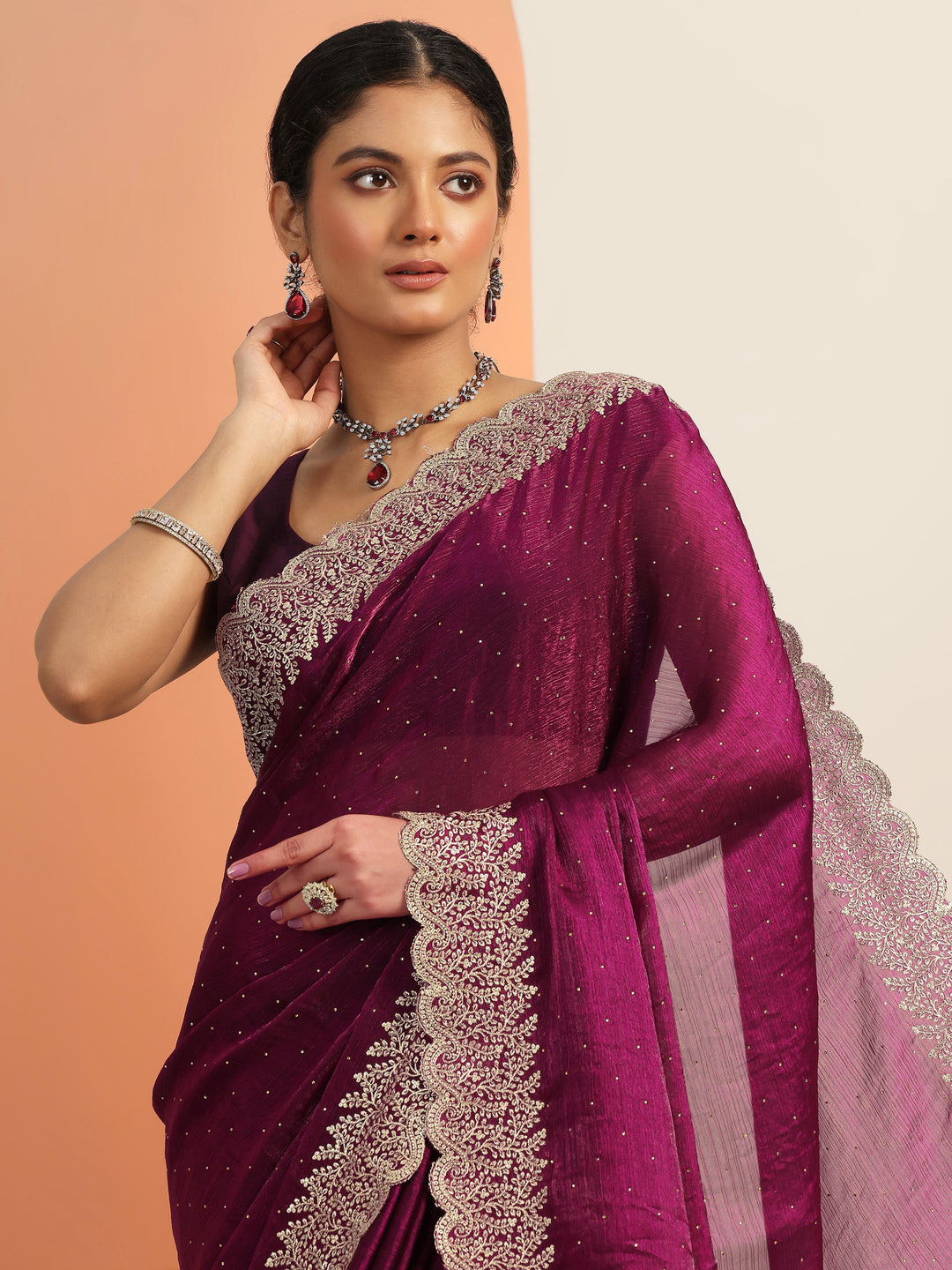 Magenta Embellished Chiffon Saree With Unstitched Blouse Piece