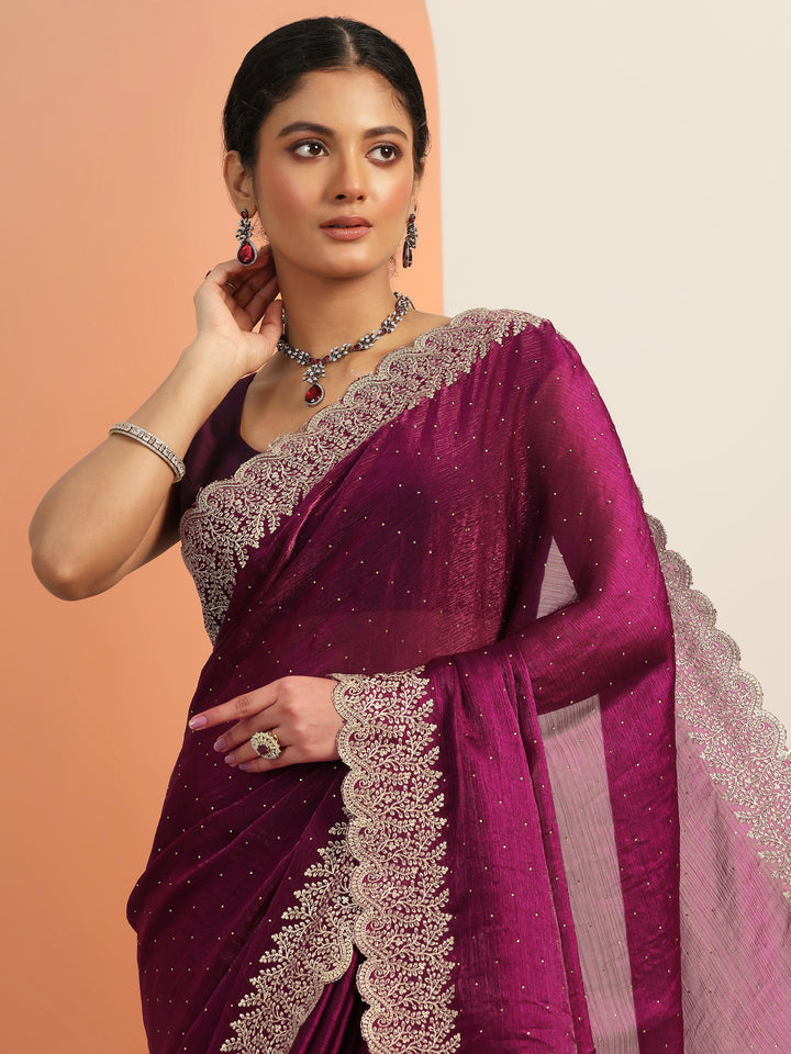 Magenta Embellished Chiffon Saree With Unstitched Blouse Piece