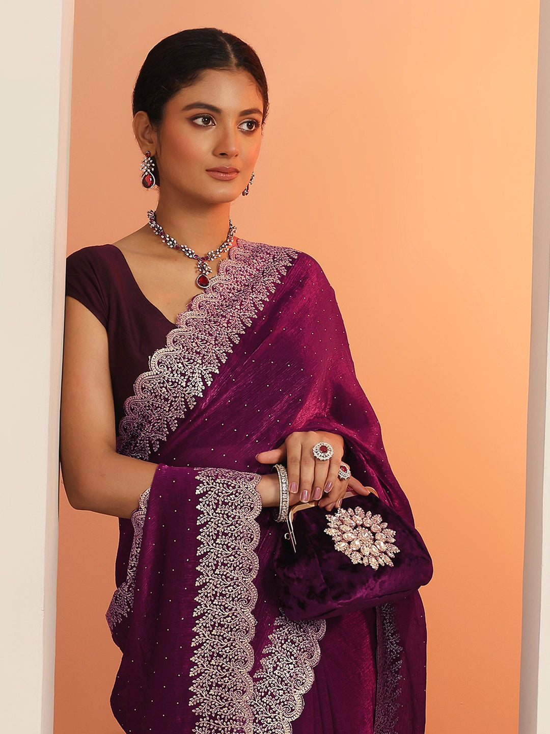 Magenta Embellished Chiffon Saree With Unstitched Blouse Piece