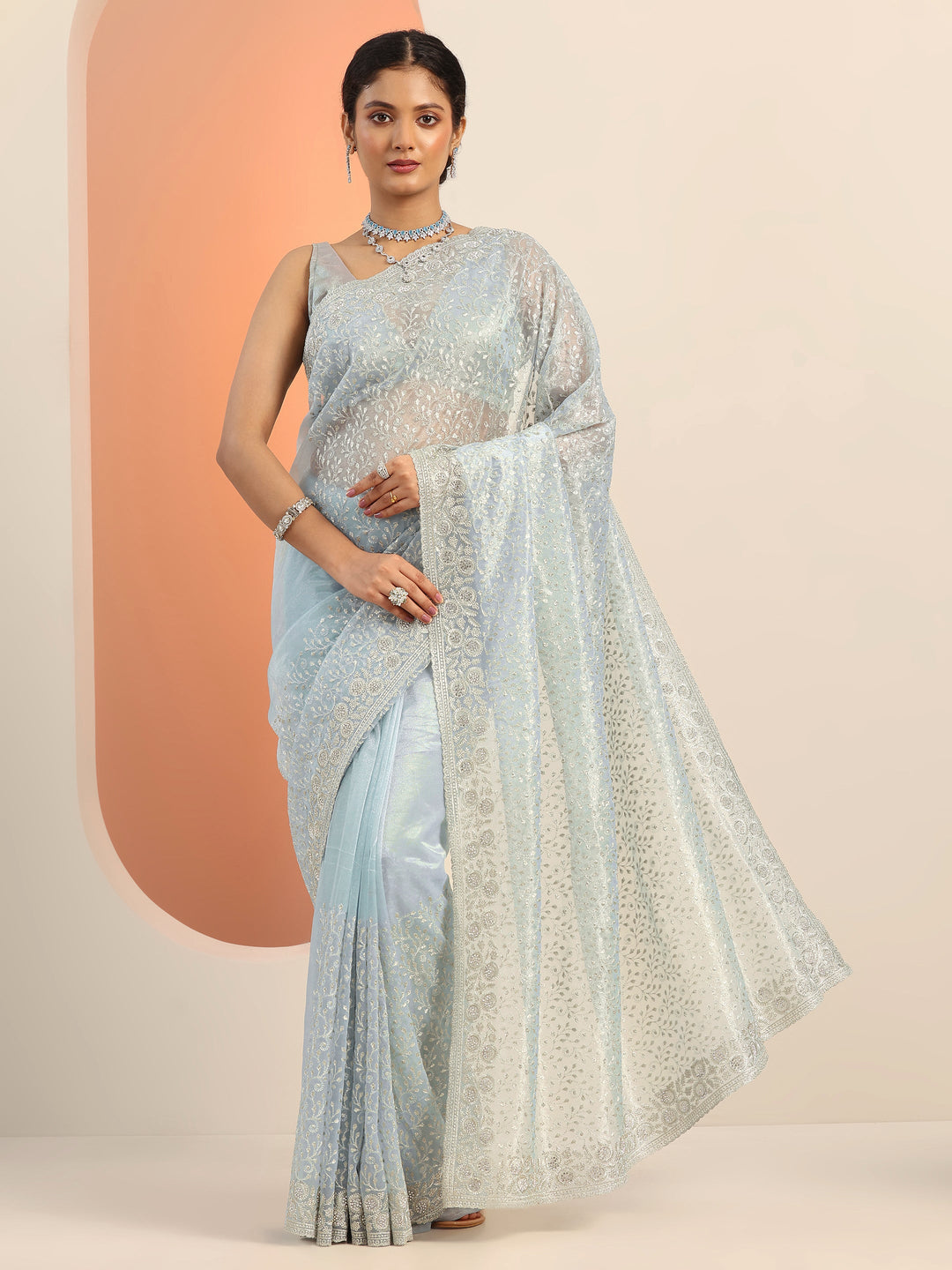 Blue Embroidered Nylon Saree With Unstitched Blouse Piece