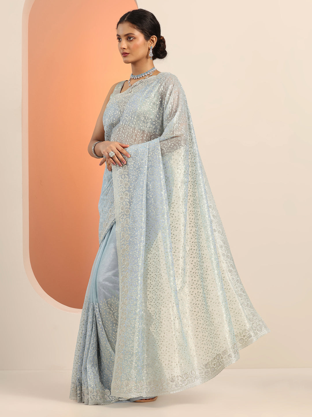 Blue Embroidered Nylon Saree With Unstitched Blouse Piece