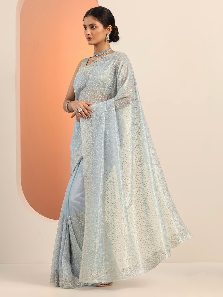 Blue Embroidered Nylon Saree With Unstitched Blouse Piece