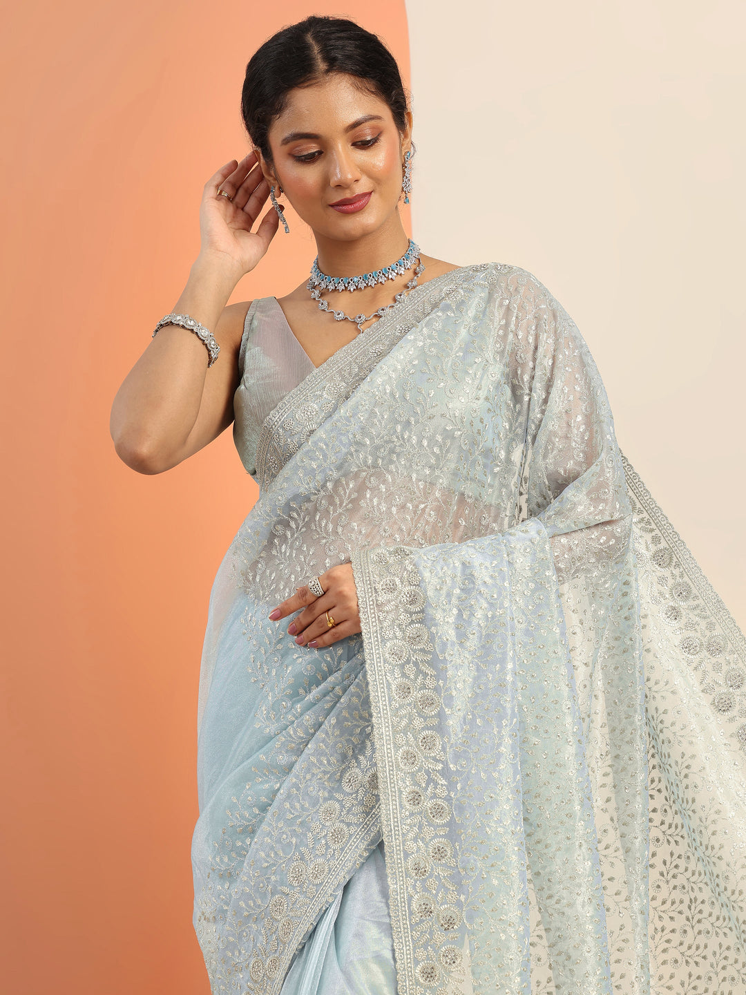 Blue Embroidered Nylon Saree With Unstitched Blouse Piece