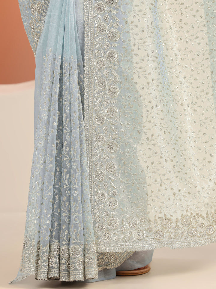 Blue Embroidered Nylon Saree With Unstitched Blouse Piece