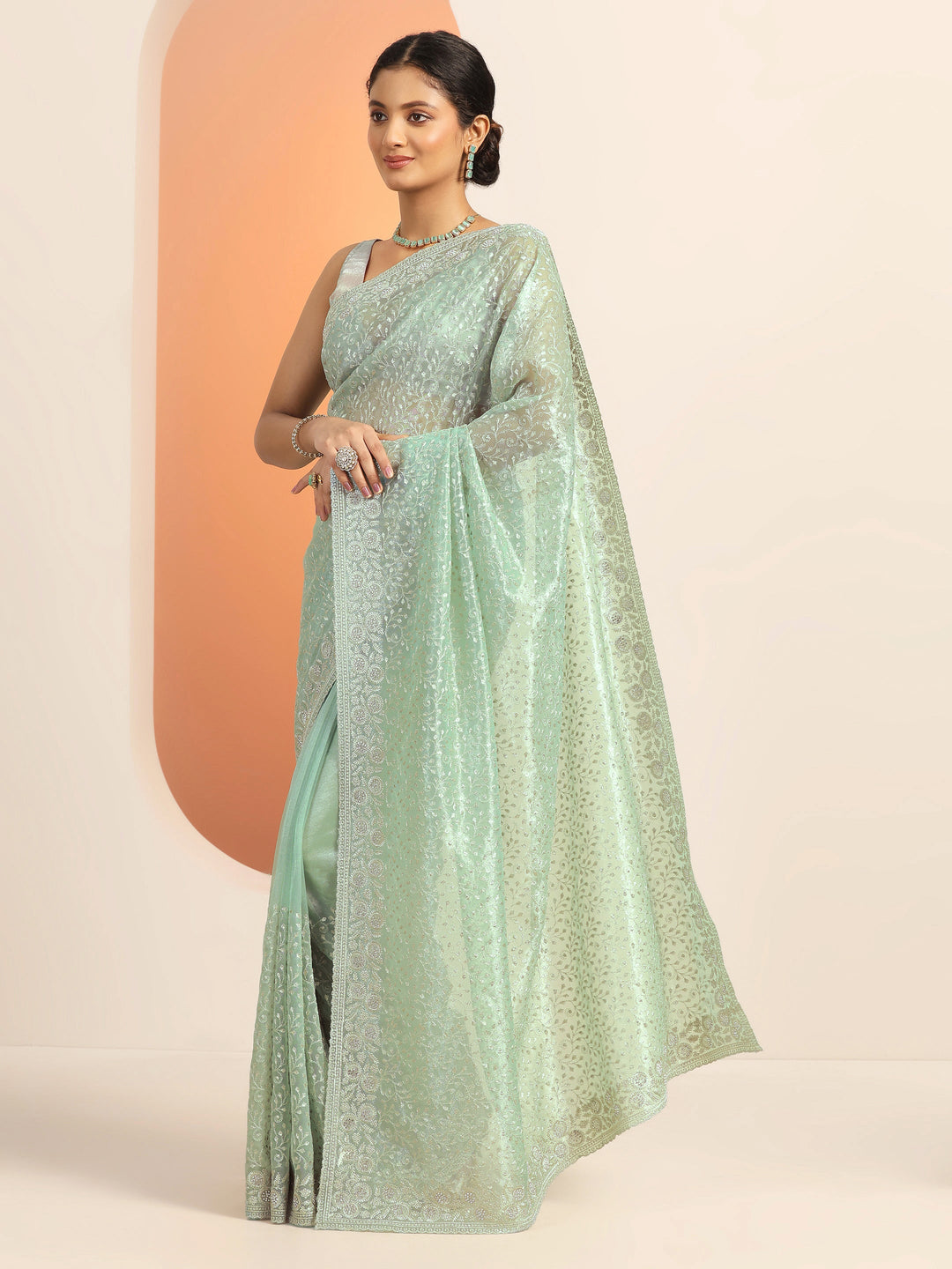 Green Embroidered Nylon Saree With Unstitched Blouse Piece