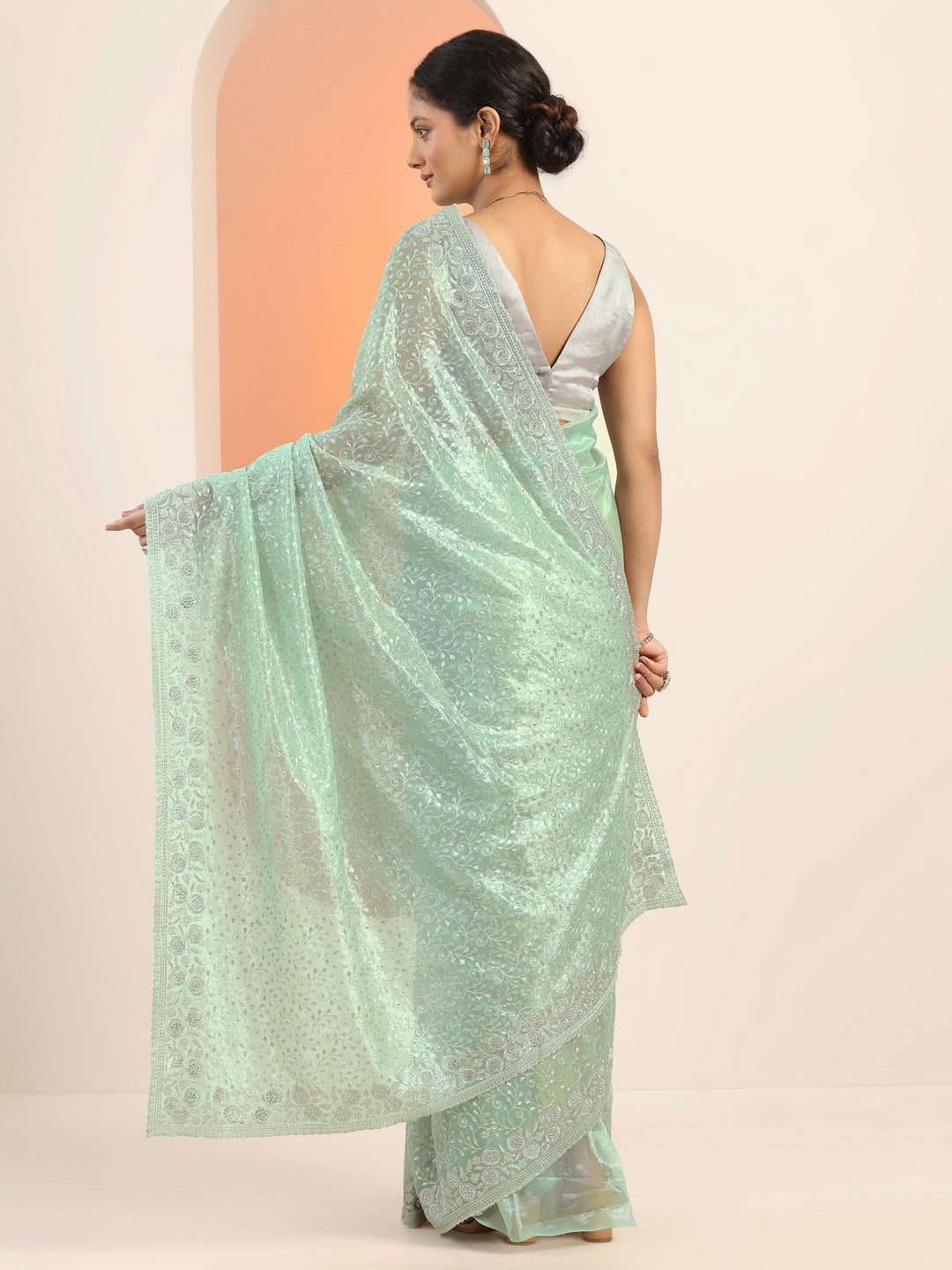 Green Embroidered Nylon Saree With Unstitched Blouse Piece