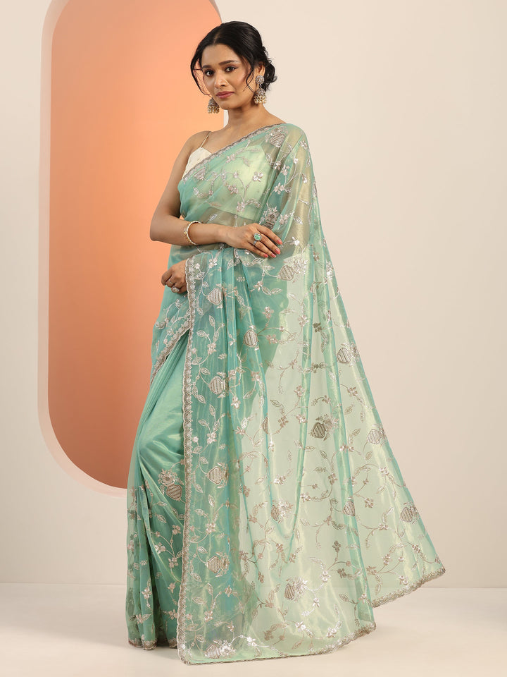 Green Embroidered Nylon Saree With Unstitched Blouse Piece