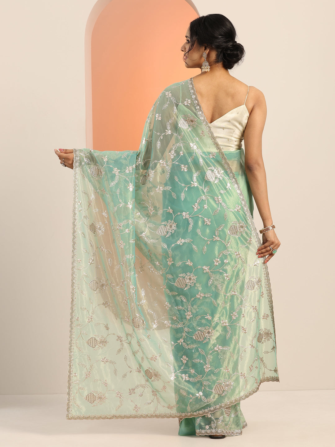 Green Embroidered Nylon Saree With Unstitched Blouse Piece