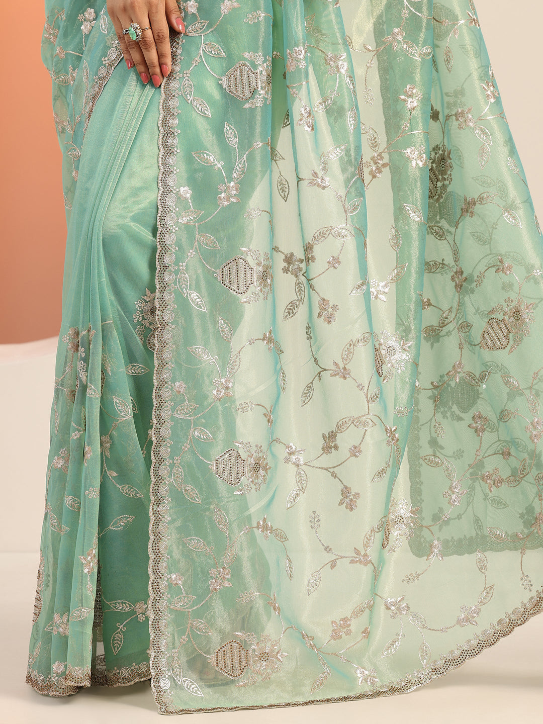 Green Embroidered Nylon Saree With Unstitched Blouse Piece