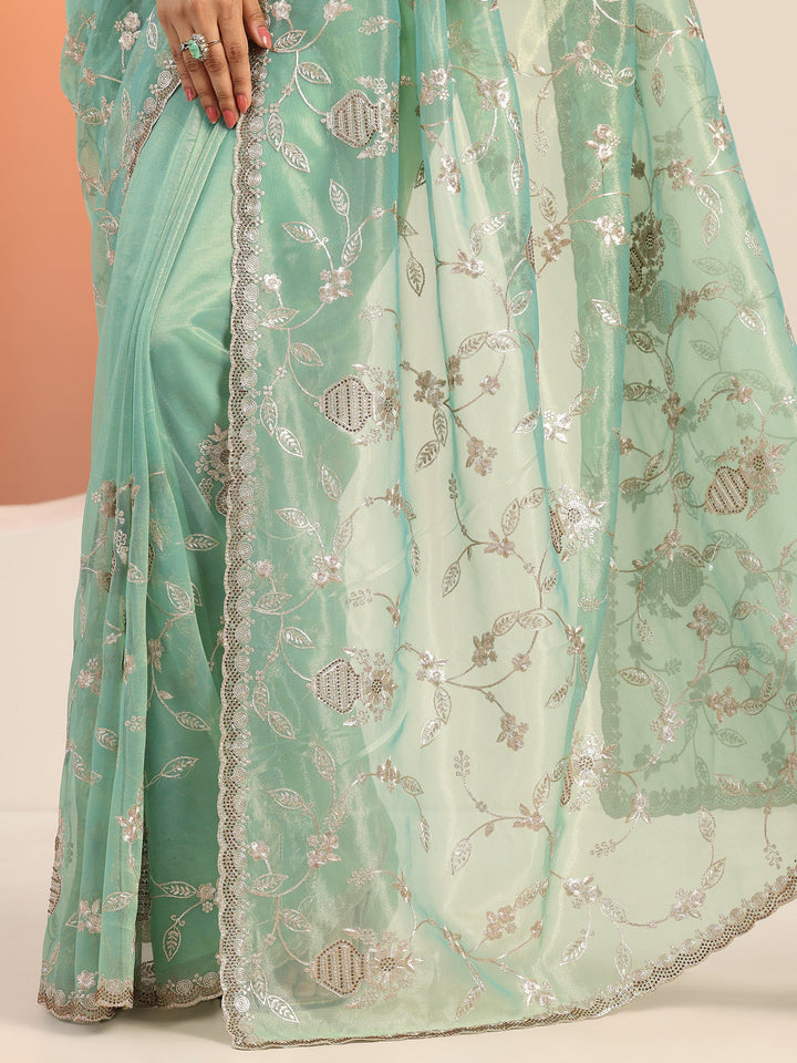 Green Embroidered Nylon Saree With Unstitched Blouse Piece