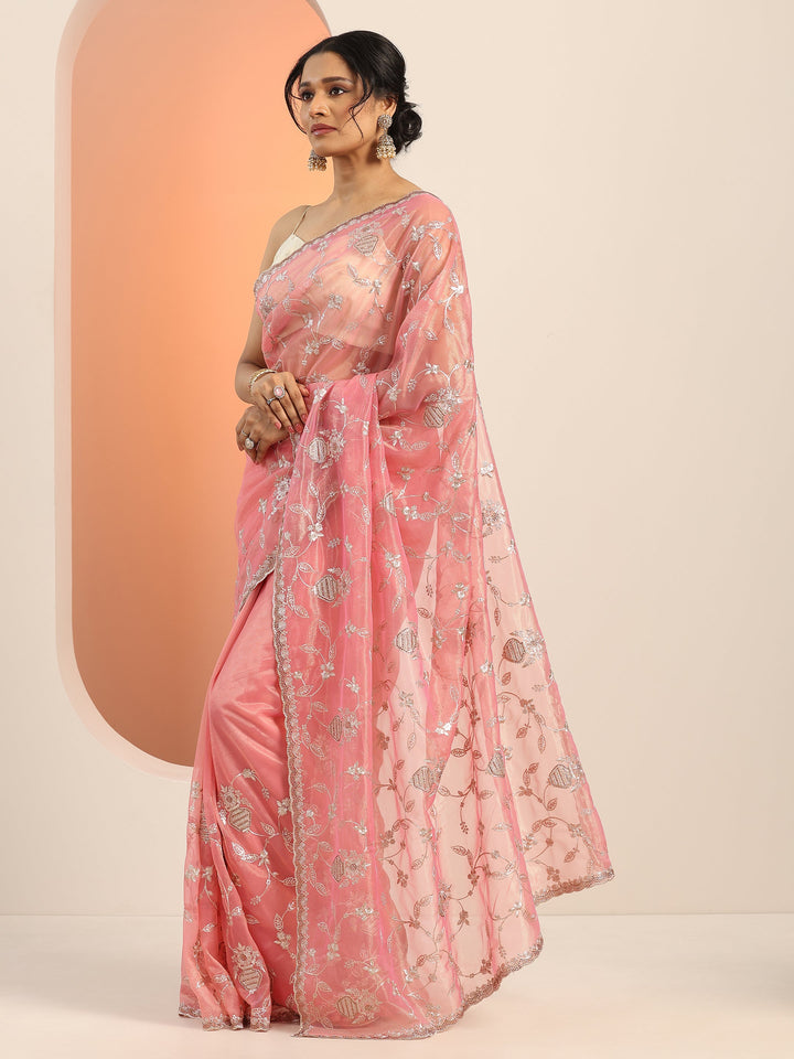 Pink Embroidered Nylon Saree With Unstitched Blouse Piece