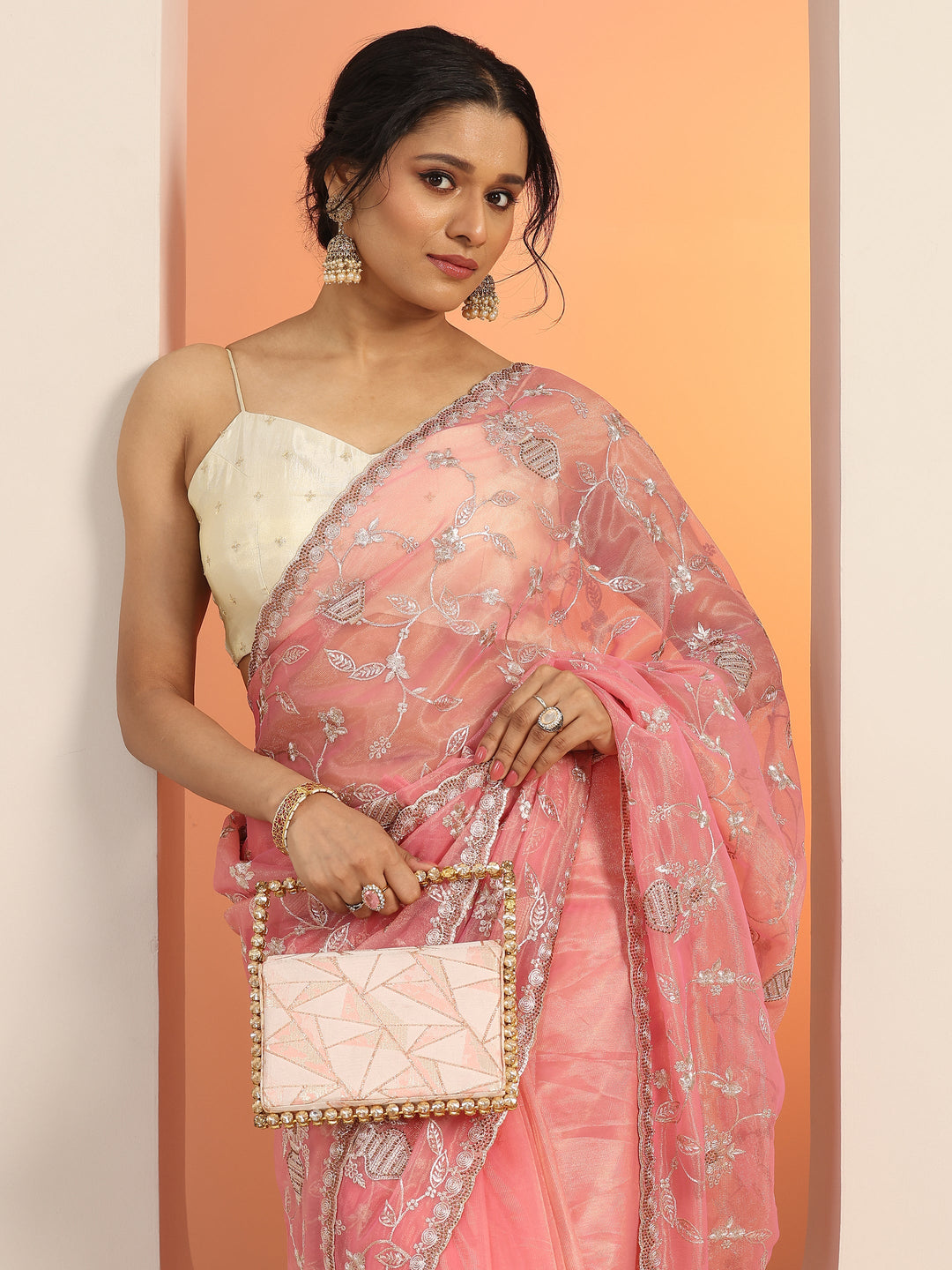 Pink Embroidered Nylon Saree With Unstitched Blouse Piece
