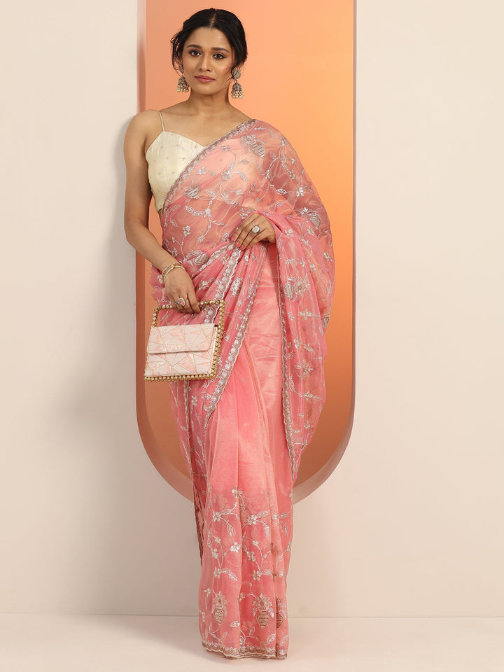 Pink Embroidered Nylon Saree With Unstitched Blouse Piece
