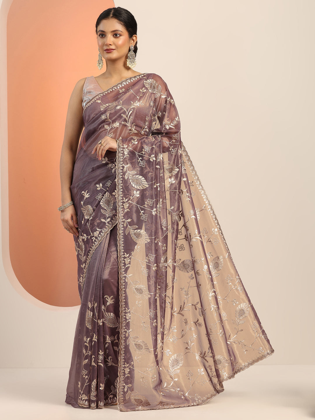 Mauve Embroidered Nylon Saree With Unstitched Blouse Piece