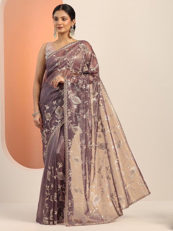 Mauve Embroidered Nylon Saree With Unstitched Blouse Piece