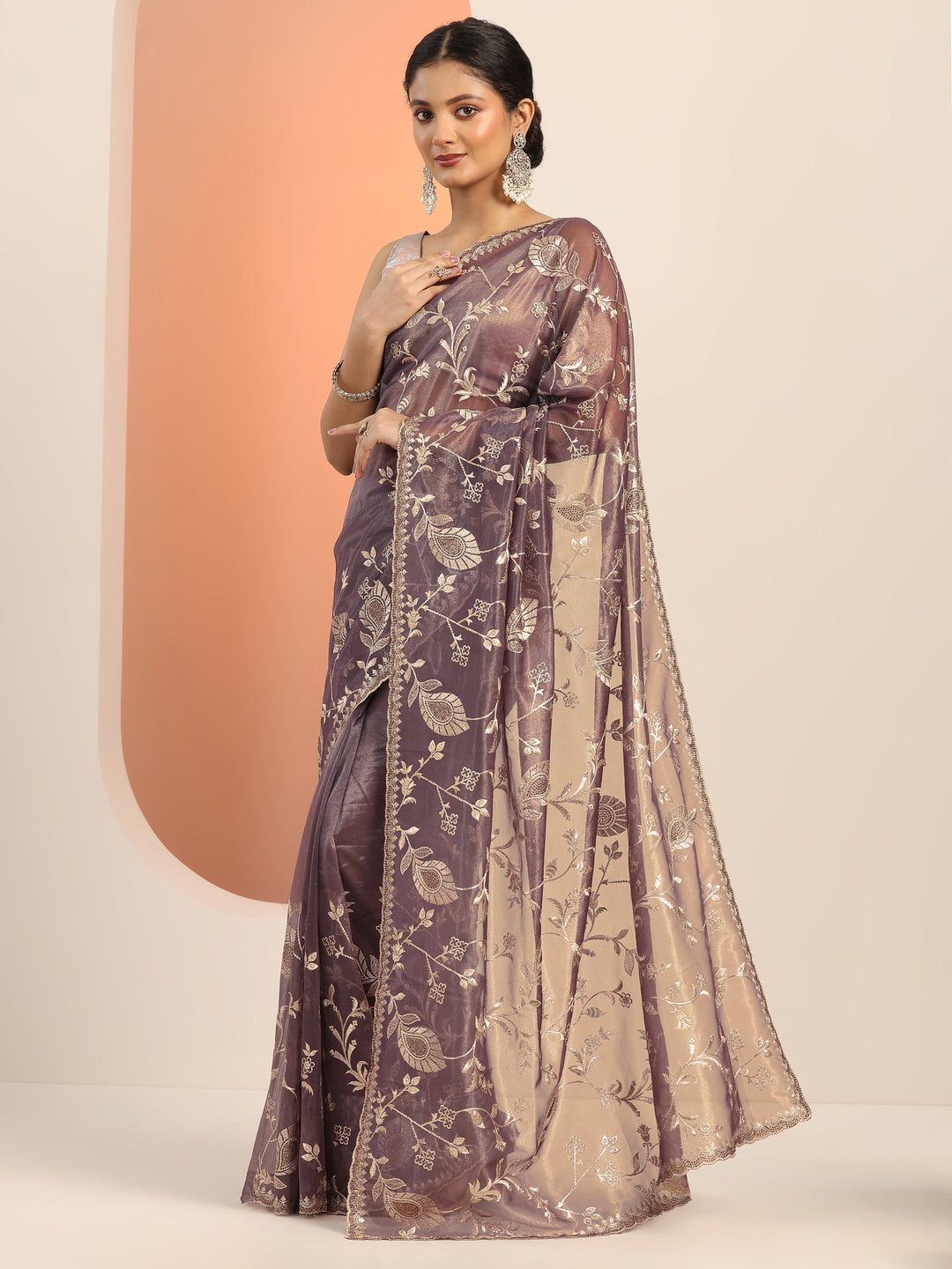 Mauve Embroidered Nylon Saree With Unstitched Blouse Piece