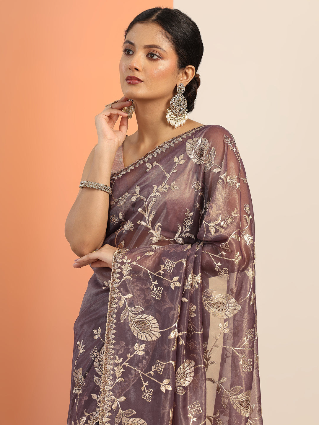 Mauve Embroidered Nylon Saree With Unstitched Blouse Piece