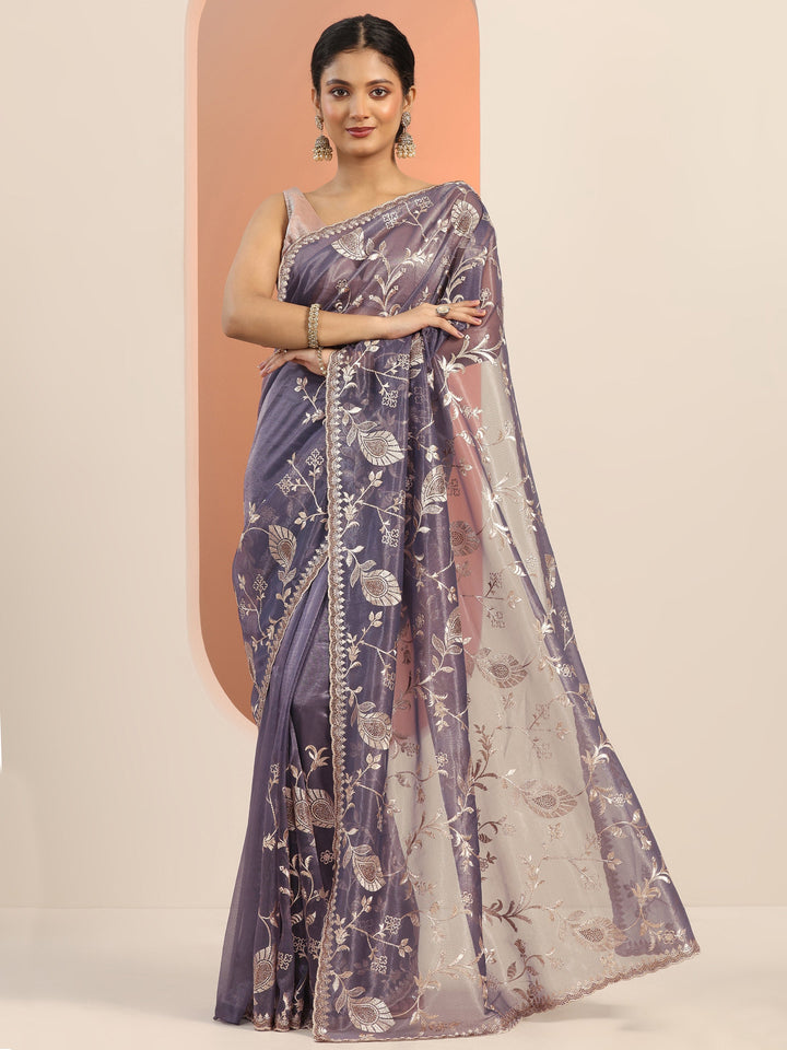 Lavender Embroidered Nylon Saree With Unstitched Blouse Piece