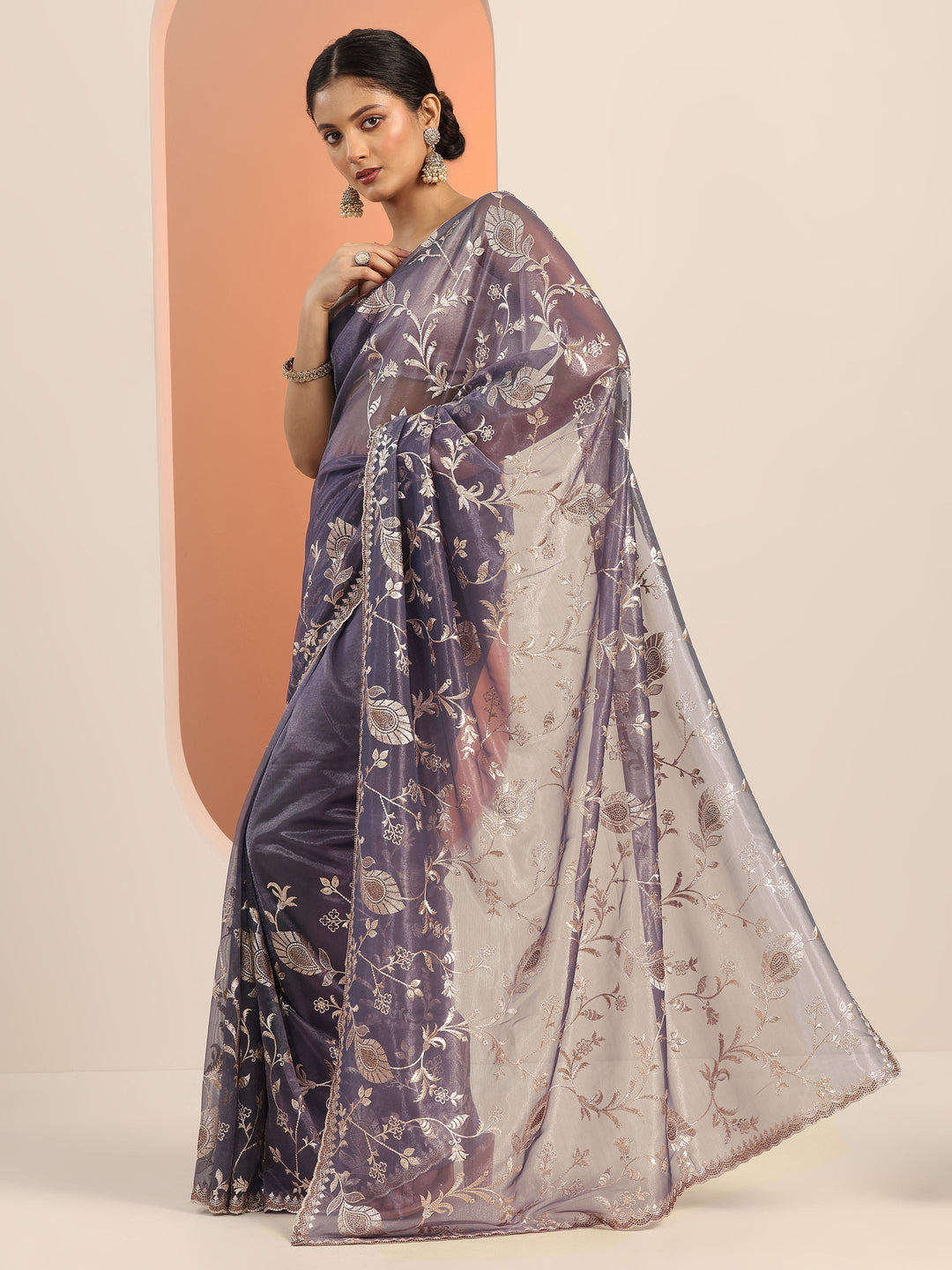 Lavender Embroidered Nylon Saree With Unstitched Blouse Piece