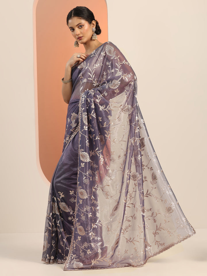 Lavender Embroidered Nylon Saree With Unstitched Blouse Piece