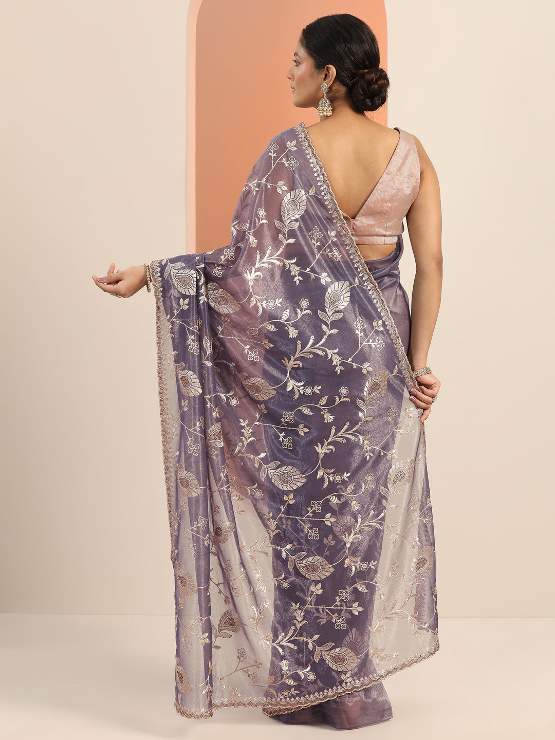Lavender Embroidered Nylon Saree With Unstitched Blouse Piece