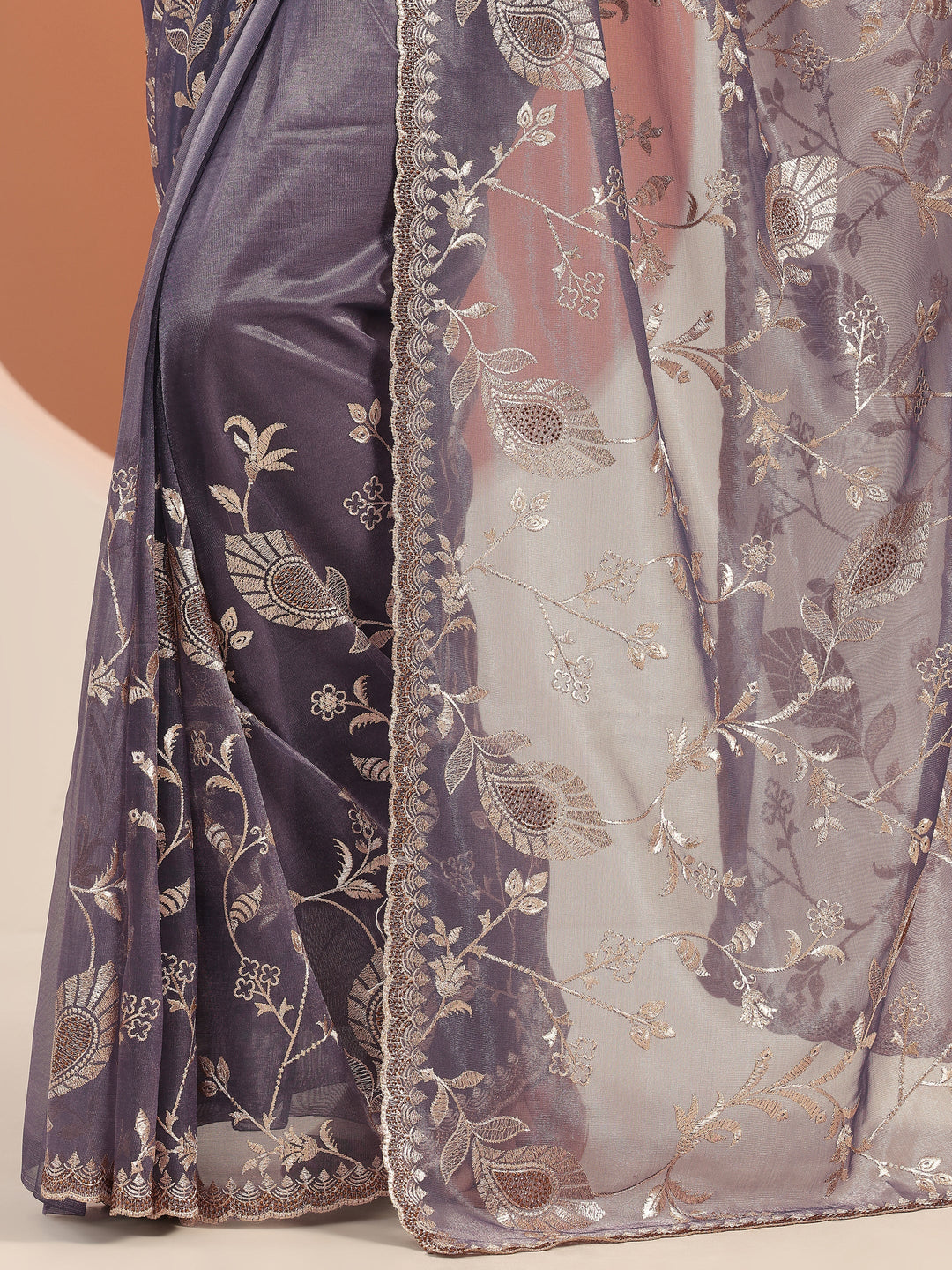 Lavender Embroidered Nylon Saree With Unstitched Blouse Piece