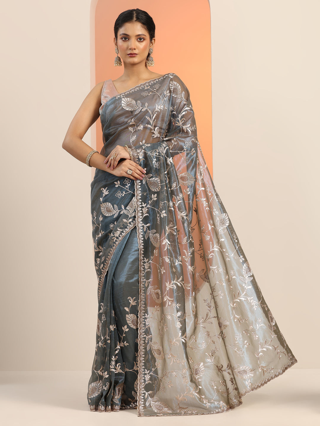 Teal Embroidered Nylon Saree With Unstitched Blouse Piece