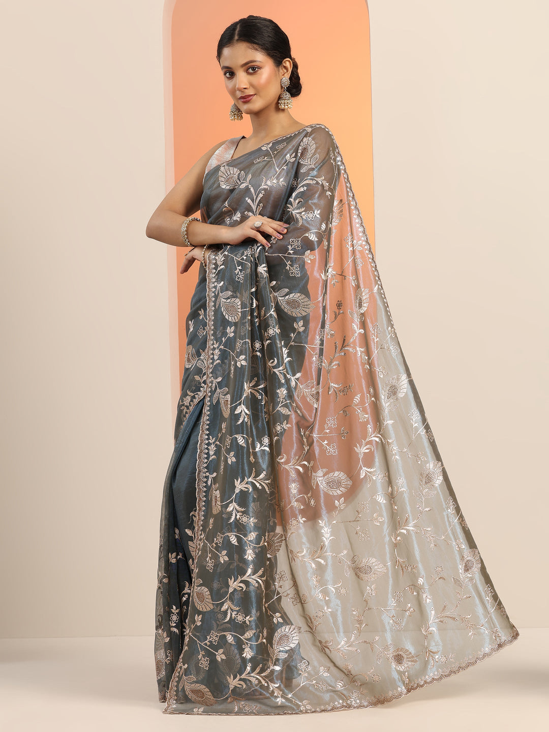 Teal Embroidered Nylon Saree With Unstitched Blouse Piece