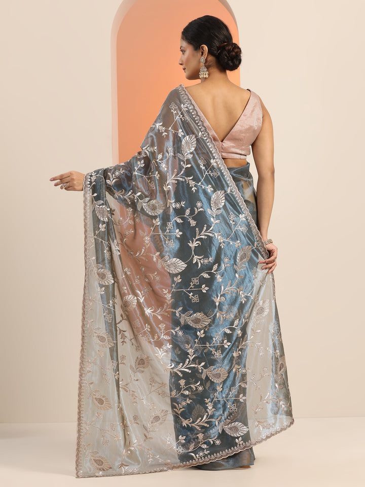 Teal Embroidered Nylon Saree With Unstitched Blouse Piece