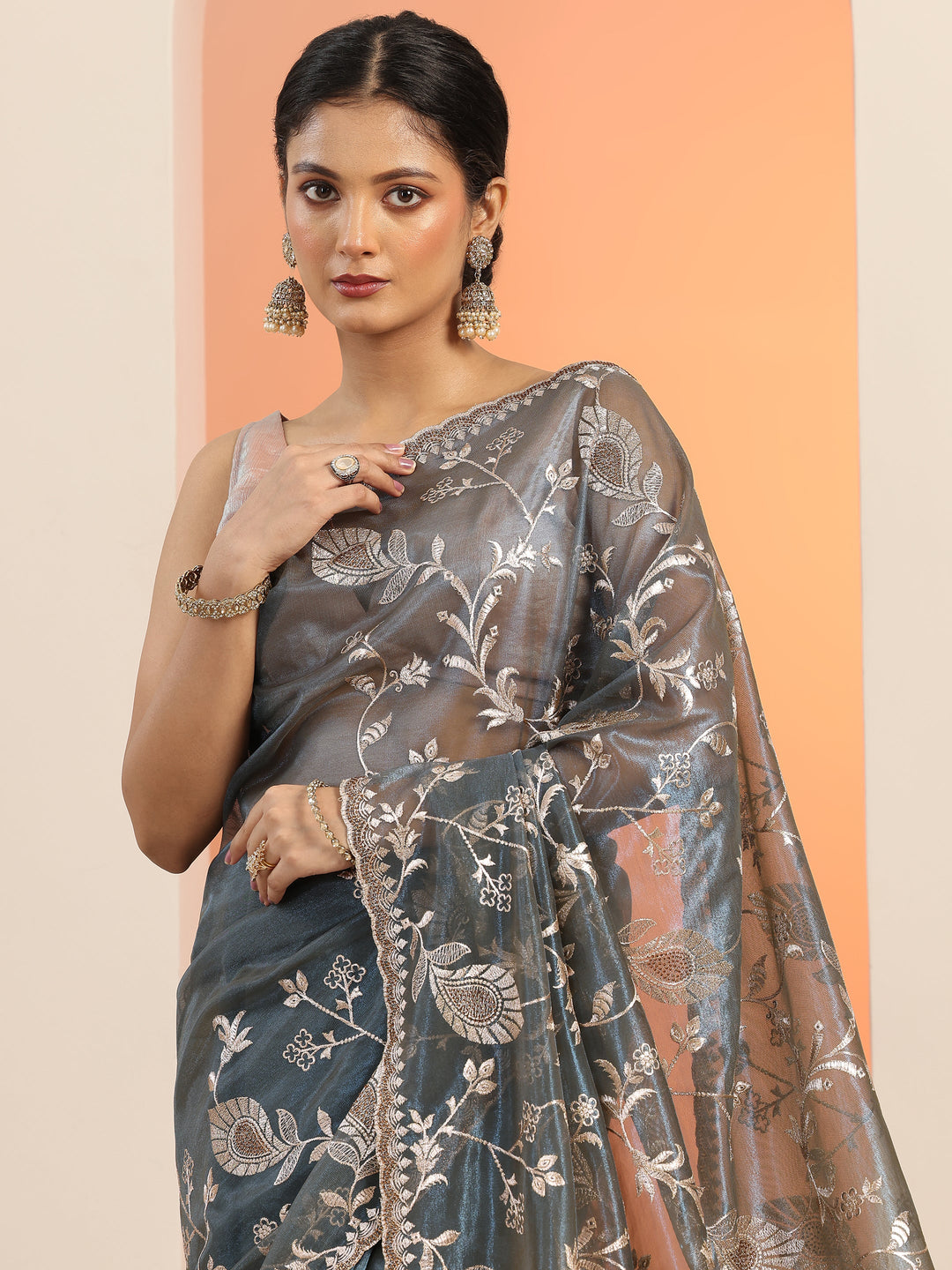 Teal Embroidered Nylon Saree With Unstitched Blouse Piece