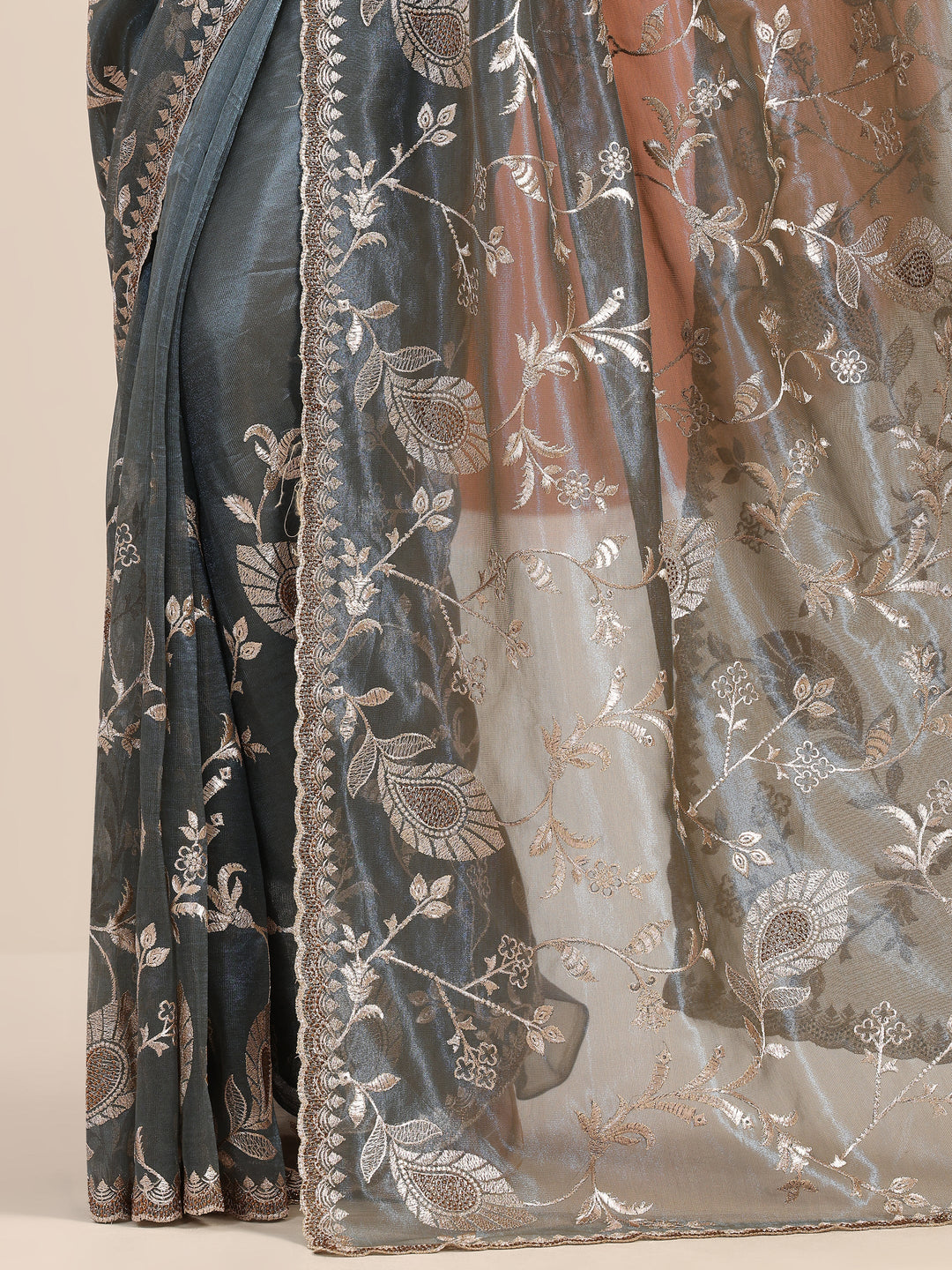 Teal Embroidered Nylon Saree With Unstitched Blouse Piece