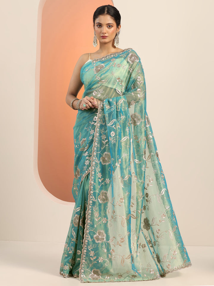 Blue Embroidered Nylon Saree With Unstitched Blouse Piece