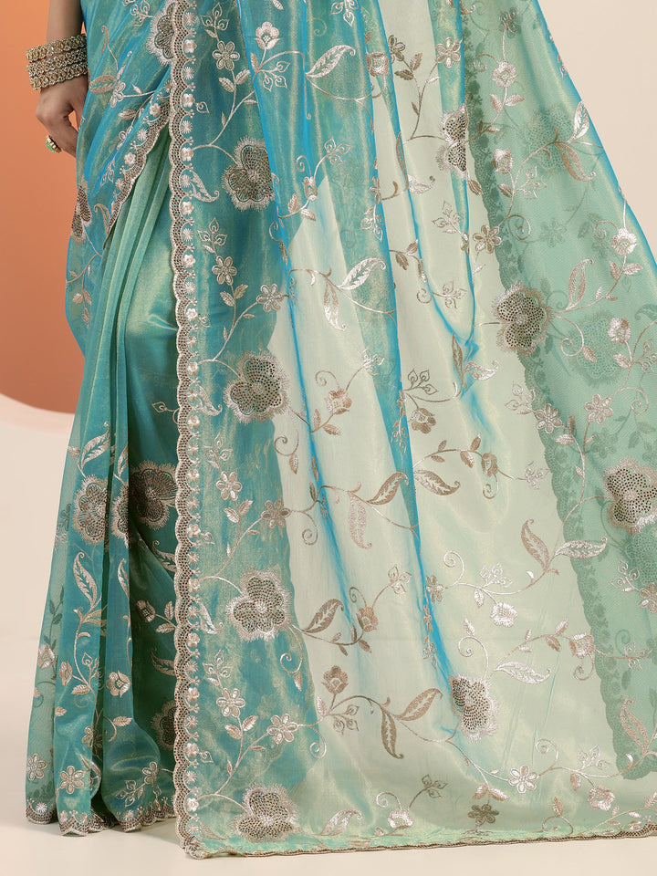 Blue Embroidered Nylon Saree With Unstitched Blouse Piece