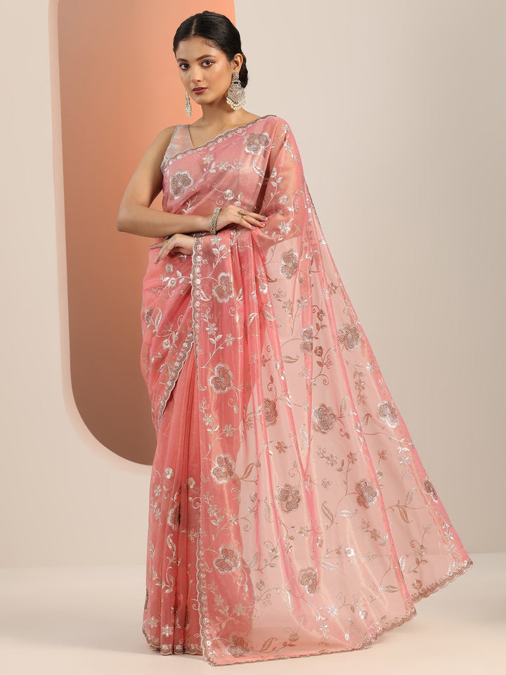 Peach Embroidered Nylon Saree With Unstitched Blouse Piece