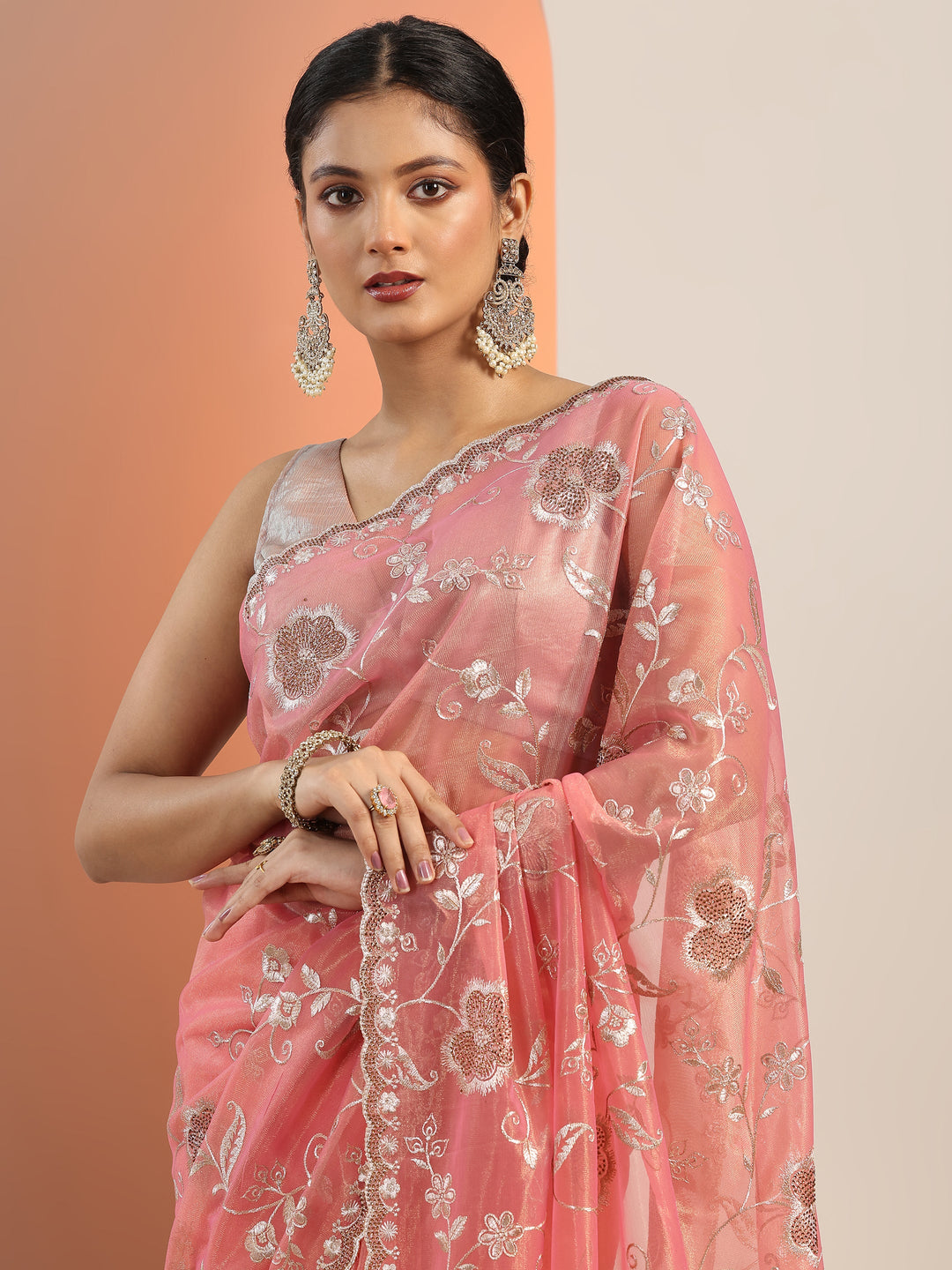Peach Embroidered Nylon Saree With Unstitched Blouse Piece