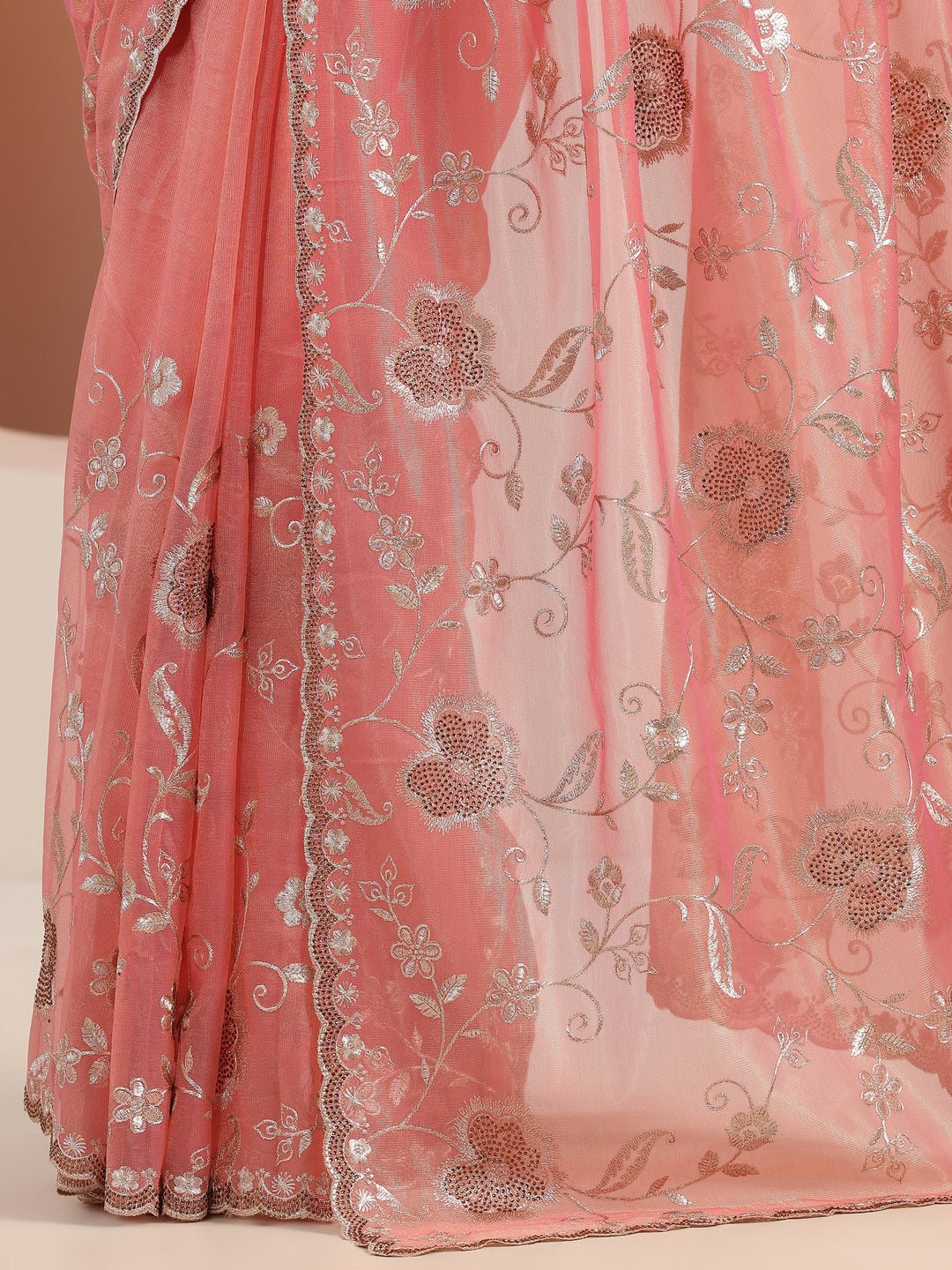 Peach Embroidered Nylon Saree With Unstitched Blouse Piece
