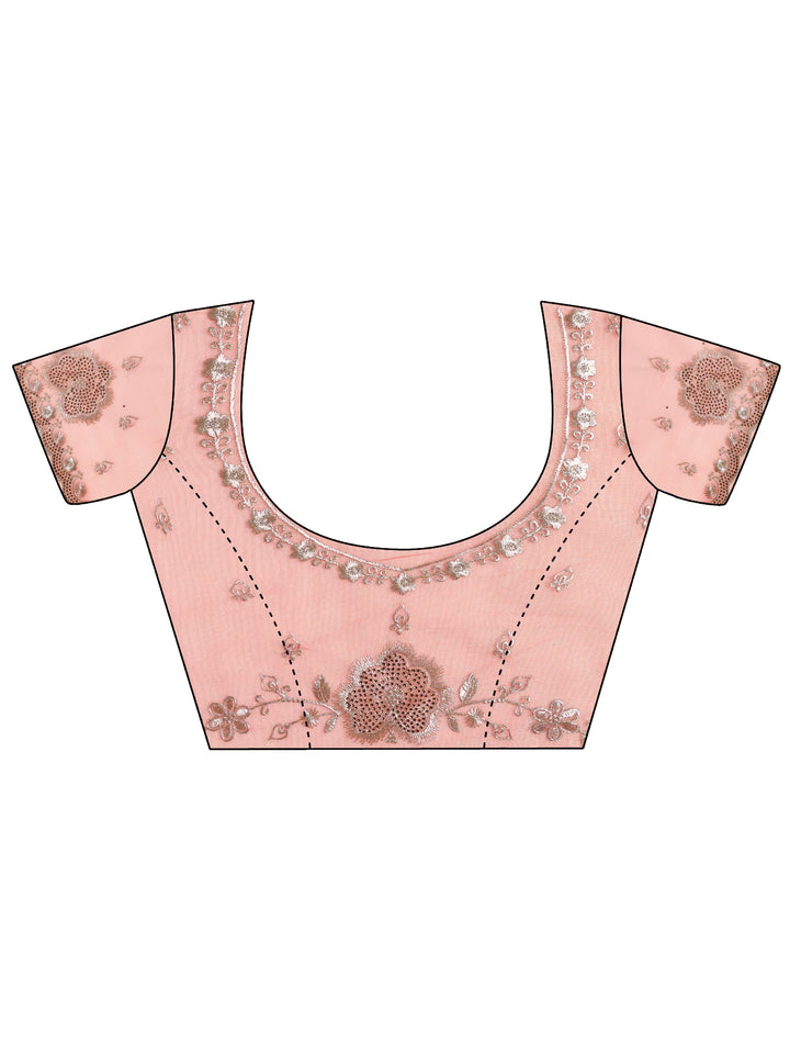 Peach Embroidered Nylon Saree With Unstitched Blouse Piece