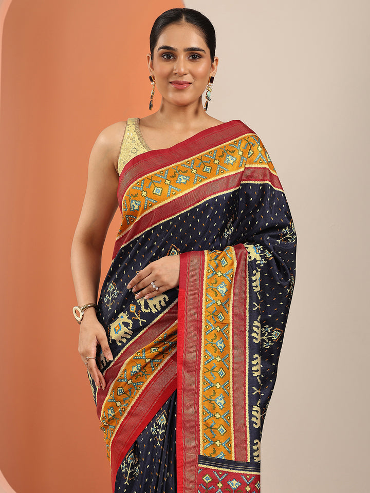 Navy Blue Printed Silk Blend Saree With Unstitched Blouse Piece