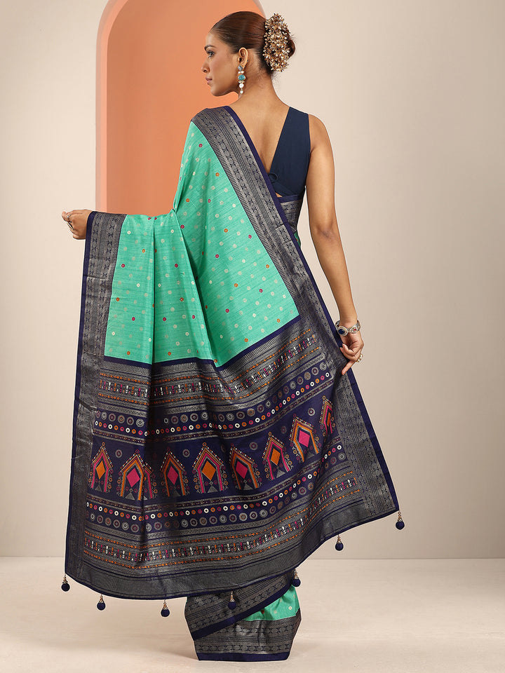 Sea Green Embellished Silk Blend Saree With Unstitched Blouse Piece
