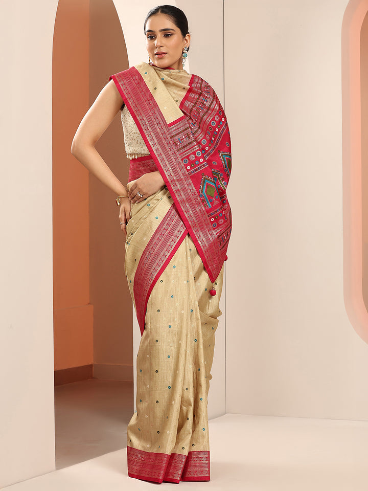 Beige Embellished Silk Blend Saree With Unstitched Blouse Piece
