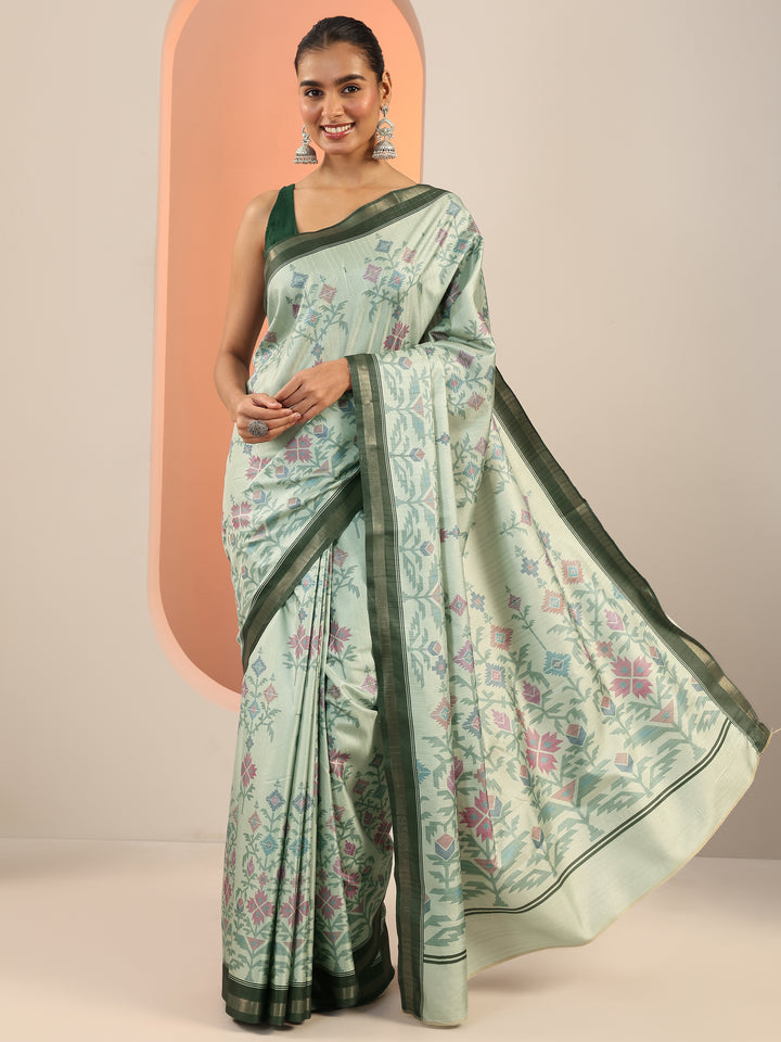 Green Embellished Silk Blend Saree With Unstitched Blouse Piece