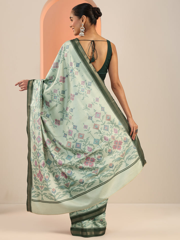 Green Embellished Silk Blend Saree With Unstitched Blouse Piece